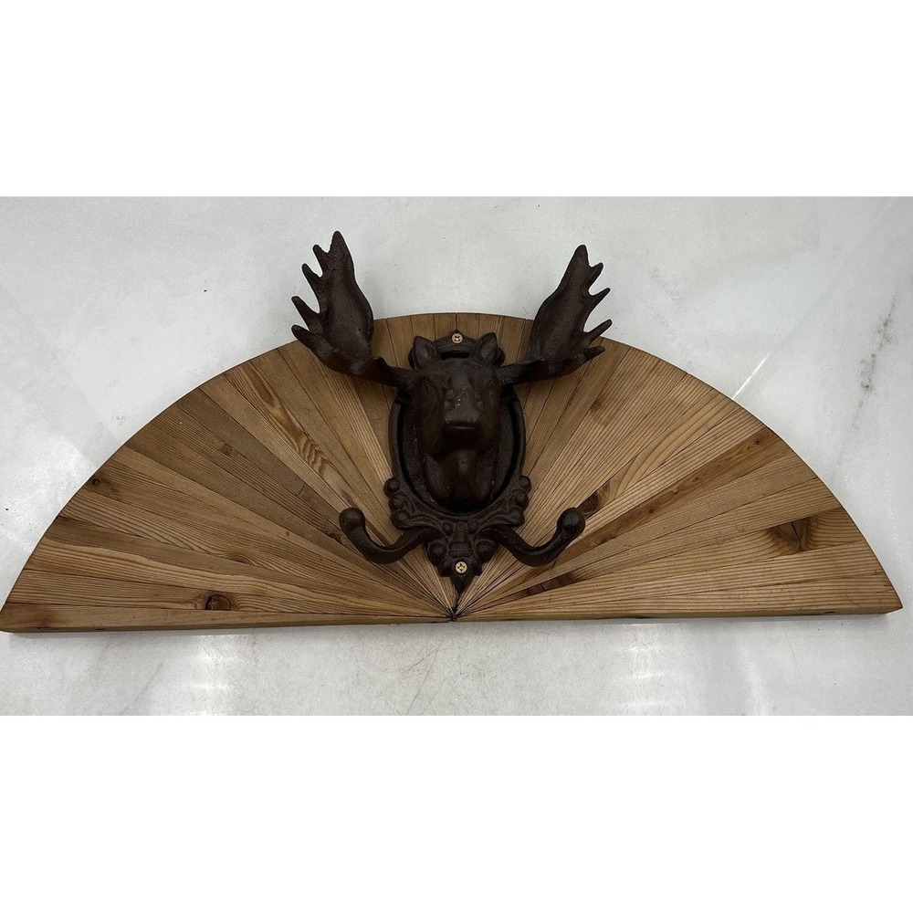 Rustic Cast Iron Moose Head Coat Rack Wall Mount Fan Wood Base Lodge Cabin Decor